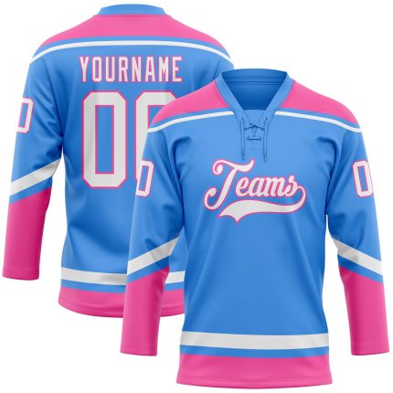 Personalized Electric Blue Pink White Hockey Jersey with Lace Neck Design Personalized Electric Blue White-Pink Hockey Lace