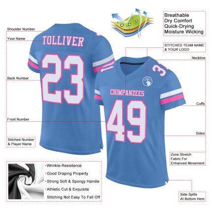 Custom Electric Blue White-Pink Mesh Football Jersey - Authentic Style Personalized Electric Blue White-Pink Mesh Authentic