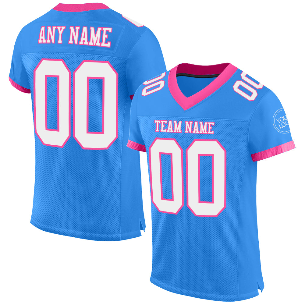 Custom Name Number Personalized Football Jersey - Electric Blue White-Pink Mesh Authentic Team Jersey Personalized Electric