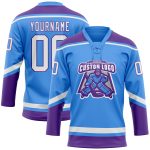 Electric Blue White-Purple Personalized Hockey Jersey with Lace Neck Design Personalized Electric Blue White-Purple Hockey