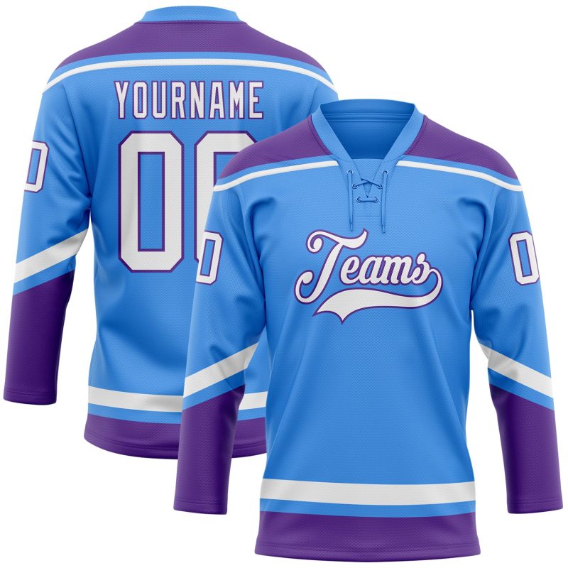 Custom Team Jersey with Name & Number in Electric Blue White-Purple Hockey Lace Design Personalized Electric Blue White-Purple