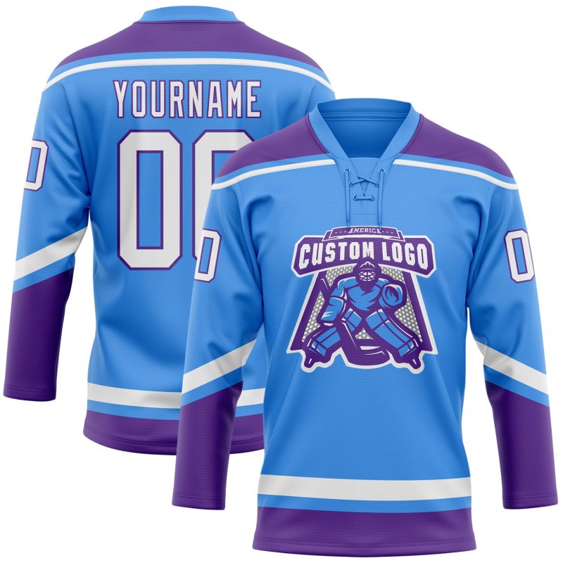 Custom Team Jersey with Name & Number in Electric Blue White-Purple Hockey Lace Design Personalized Electric Blue White-Purple
