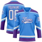 Electric Blue White-Purple Personalized Hockey Jersey with Lace Neck Design Personalized Electric Blue White-Purple Hockey