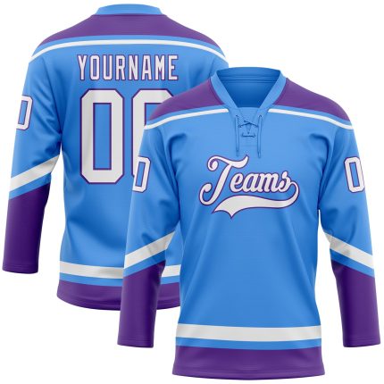 Electric Blue White-Purple Personalized Hockey Jersey with Lace Neck Design Personalized Electric Blue White-Purple Hockey