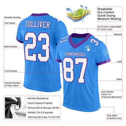 Custom Name and Number Football Jersey - Personalized Electric Blue White-Purple Mesh Team Apparel Personalized Electric