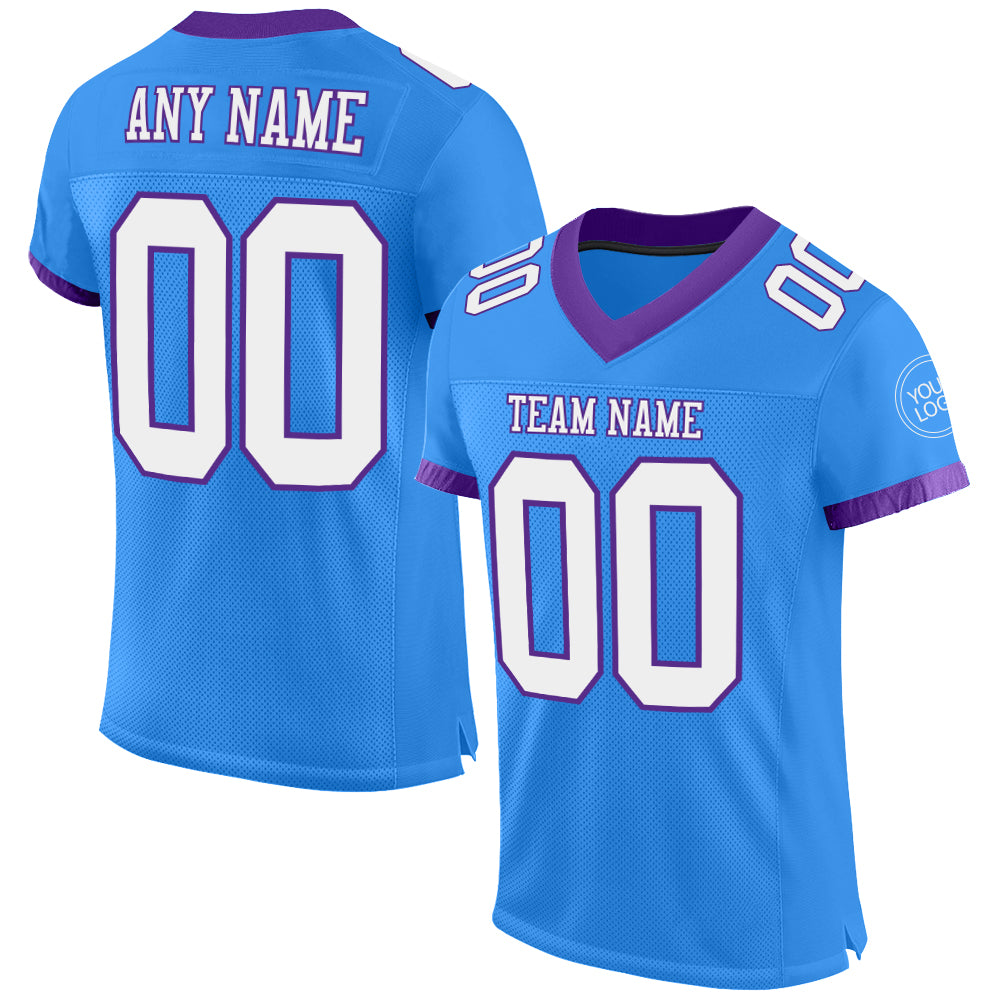 Custom Name and Number Football Jersey - Personalized Electric Blue White-Purple Mesh Team Apparel Personalized Electric