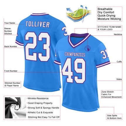 Custom Electric Blue White Purple Mesh Football Jersey with Personalized Name and Number - Authentic Throwback Style Personalized