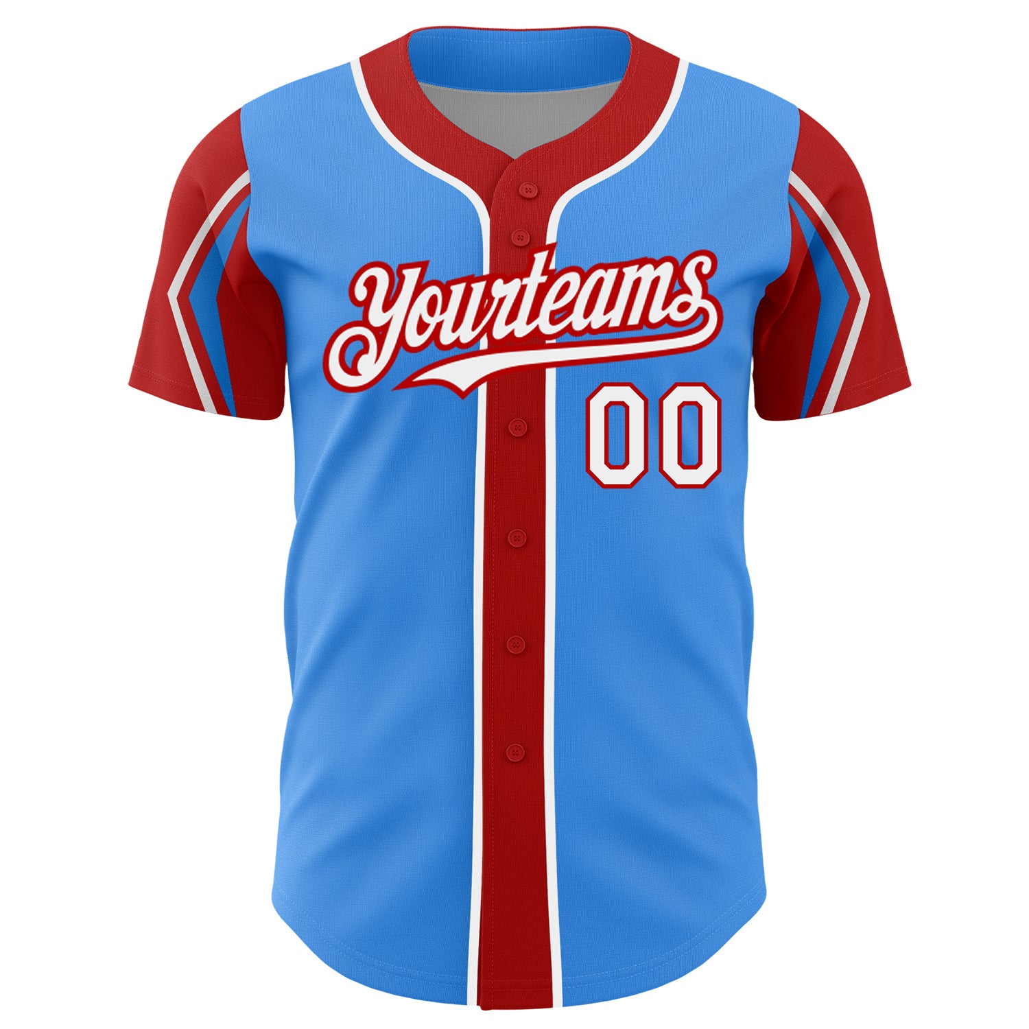Personalized Electric Blue Baseball Jersey with Red and White Arm Shapes Personalized Electric Blue White-Red 3 Colors Arm - Image 3