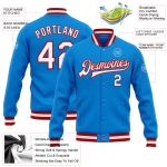 Personalized Electric Blue Red White Varsity Letterman Jacket Full-Snap Bomber Personalized Electric Blue White-Red Bomber