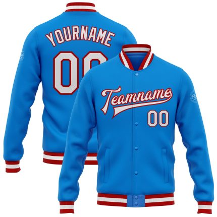 Personalized Electric Blue Red White Varsity Letterman Jacket Full-Snap Bomber Personalized Electric Blue White-Red Bomber