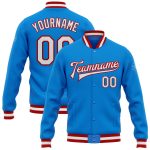 Custom Team Name Personalized Bomber Jacket Electric Blue White-Red Varsity Full-Snap Letterman Jacket Personalized Electric