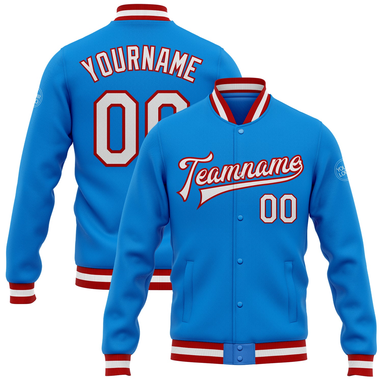 Custom Team Name Personalized Bomber Jacket Electric Blue White-Red Varsity Full-Snap Letterman Jacket Personalized Electric