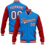 Electric Blue White-Red Two Tone Varsity Letterman Bomber Jacket - Personalized Full-Snap Design Personalized Electric Blue