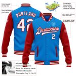 Custom Team Name and Number Layered Bomber Jacket - Electric Blue and White-Red Varsity Full-Snap Letterman Style Personalized