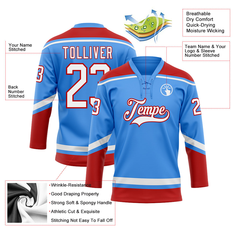 Personalized Electric Blue Red White Hockey Lace Neck Jersey for Men Personalized Electric Blue White-Red Hockey Lace Neck - Image 3