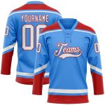 Personalized Electric Blue Red White Hockey Lace Neck Jersey for Men Personalized Electric Blue White-Red Hockey Lace Neck