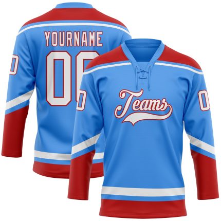 Personalized Electric Blue Red White Hockey Lace Neck Jersey for Men Personalized Electric Blue White-Red Hockey Lace Neck