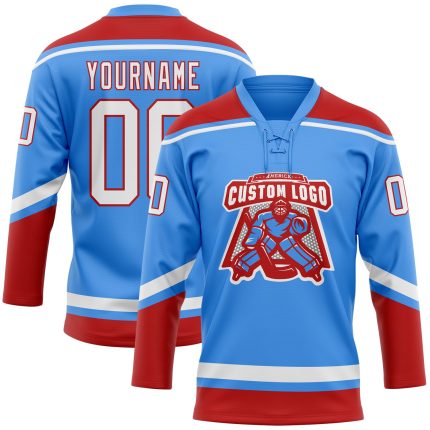 Custom Name Number Personalized Electric Blue Red White Hockey Jersey, Lace Neck Design Personalized Electric Blue White-Red