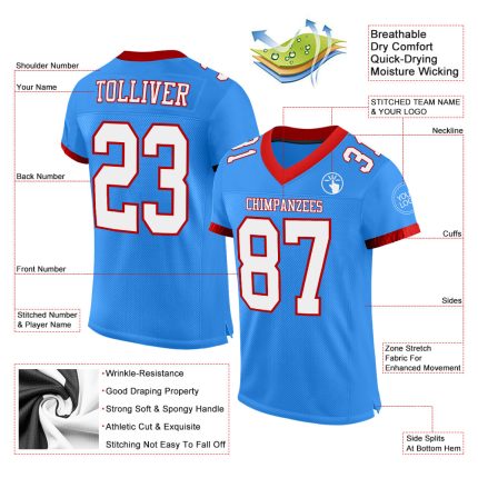 Custom Electric Blue Red White Mesh Football Jersey - Personalized Team Name & Number Personalized Electric Blue White-Red