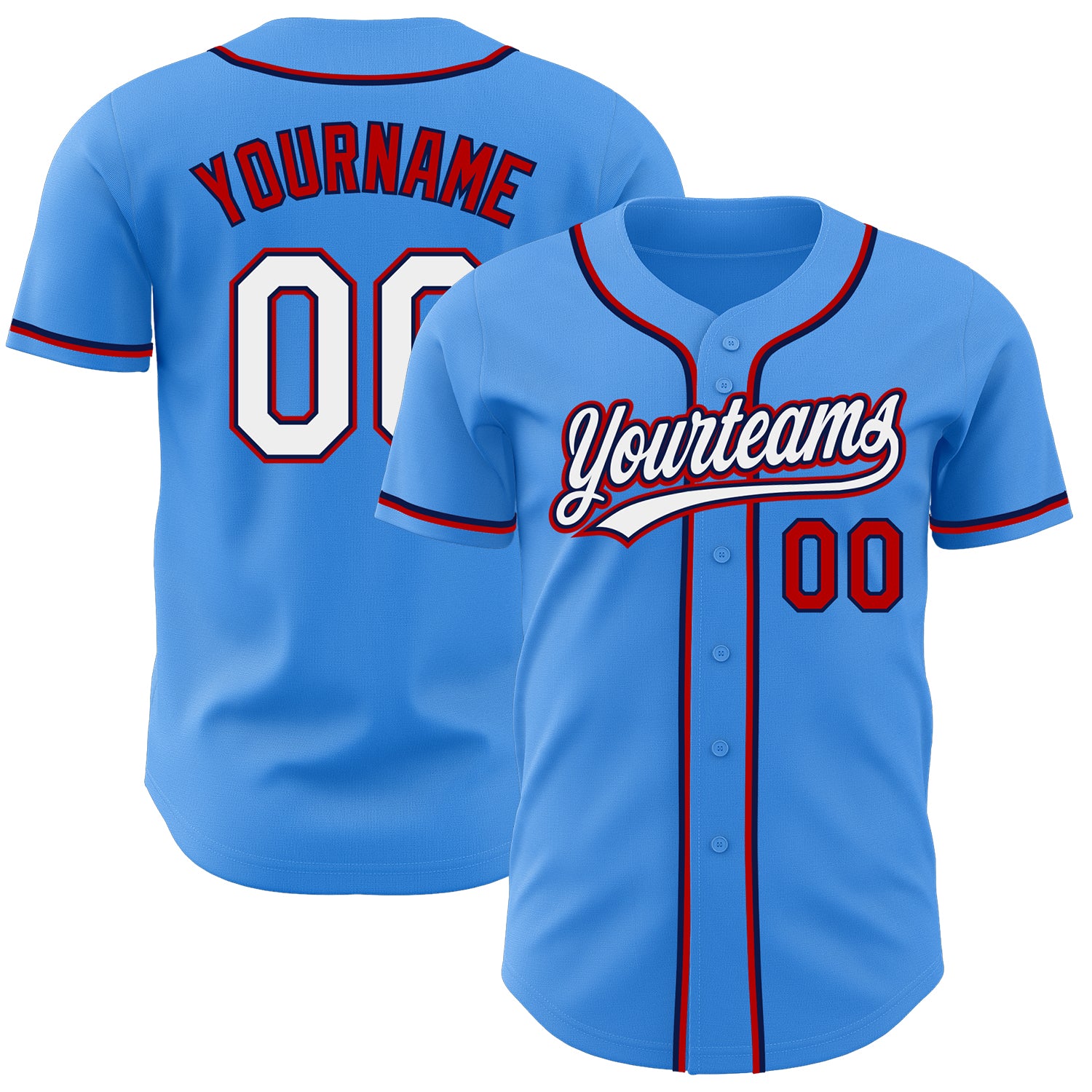 Custom Personalized Baseball Jersey with Team Name and Number in Electric Blue Red-Navy Design Personalized Electric Blue