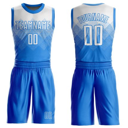 Custom Basketball Jersey with Name and Number, Electric Blue White Round Neck Sublimation Suit Personalized Electric Blue