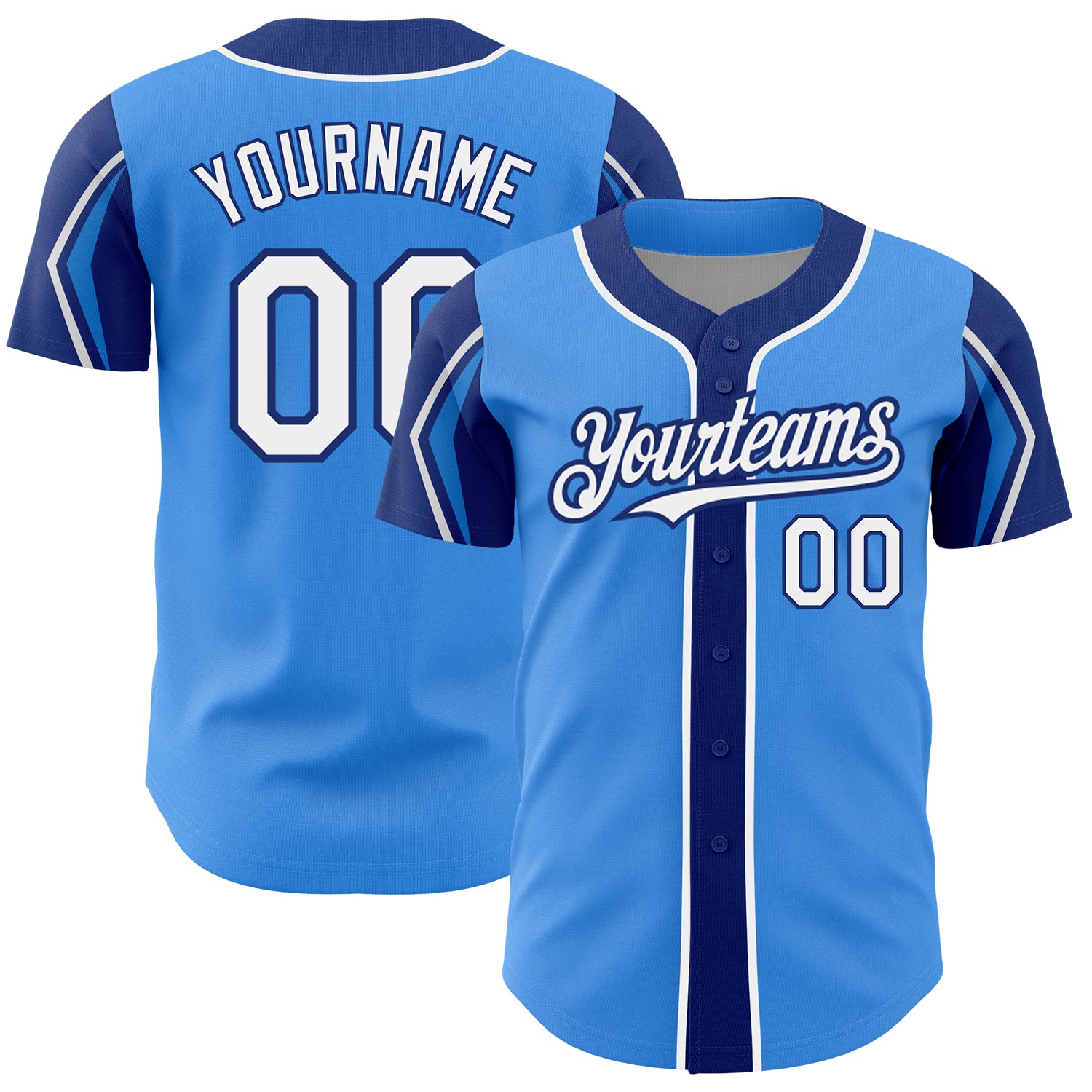 Custom Name & Number Baseball Jersey - Electric Blue White-Royal Team Colors, Authentic Arm Shapes Personalized Electric