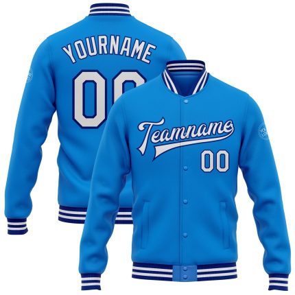 Personalized Royal Blue White Electric Bomber Varsity Letterman Jacket Full-Snap Personalized Electric Blue White-Royal Bomber