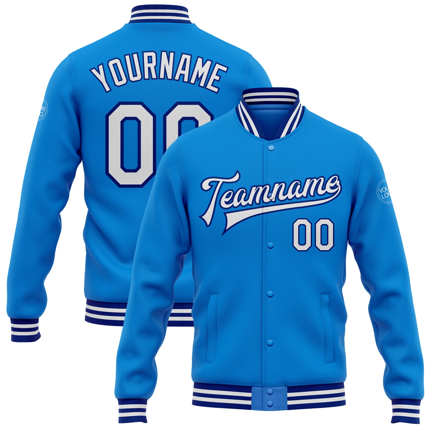Custom Name and Number Varsity Letterman Jacket, Electric Blue and White-Royal Full-Snap Bomber Jacket Personalized Electric
