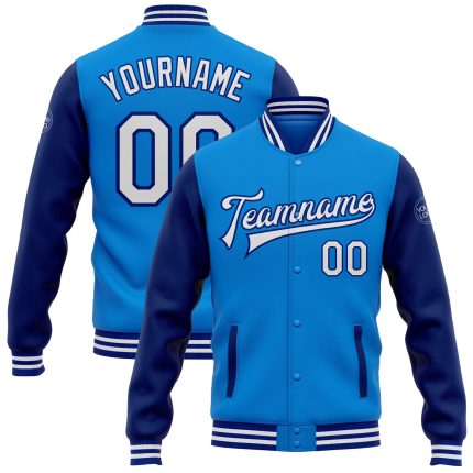 Electric Blue White-Royal Two Tone Varsity Letterman Bomber Jacket Personalized Full-Snap Personalized Electric Blue White-Royal