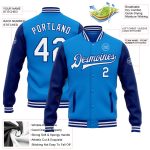 Electric Blue White-Royal Two Tone Varsity Letterman Bomber Jacket Personalized Full-Snap Personalized Electric Blue White-Royal