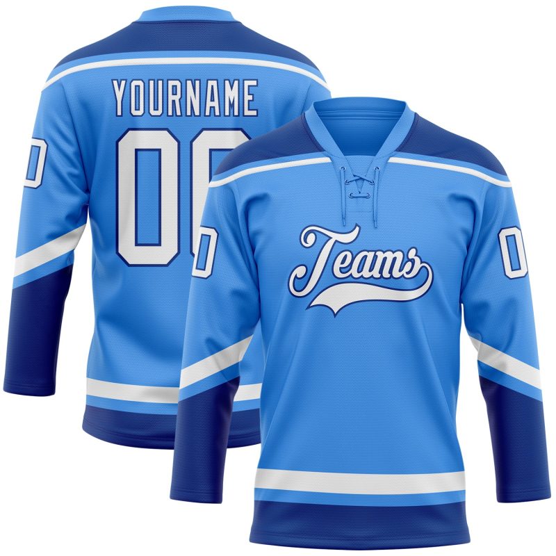 Personalized Electric Blue White-Royal Hockey Jersey with Lace Neck Design Personalized Electric Blue White-Royal Hockey