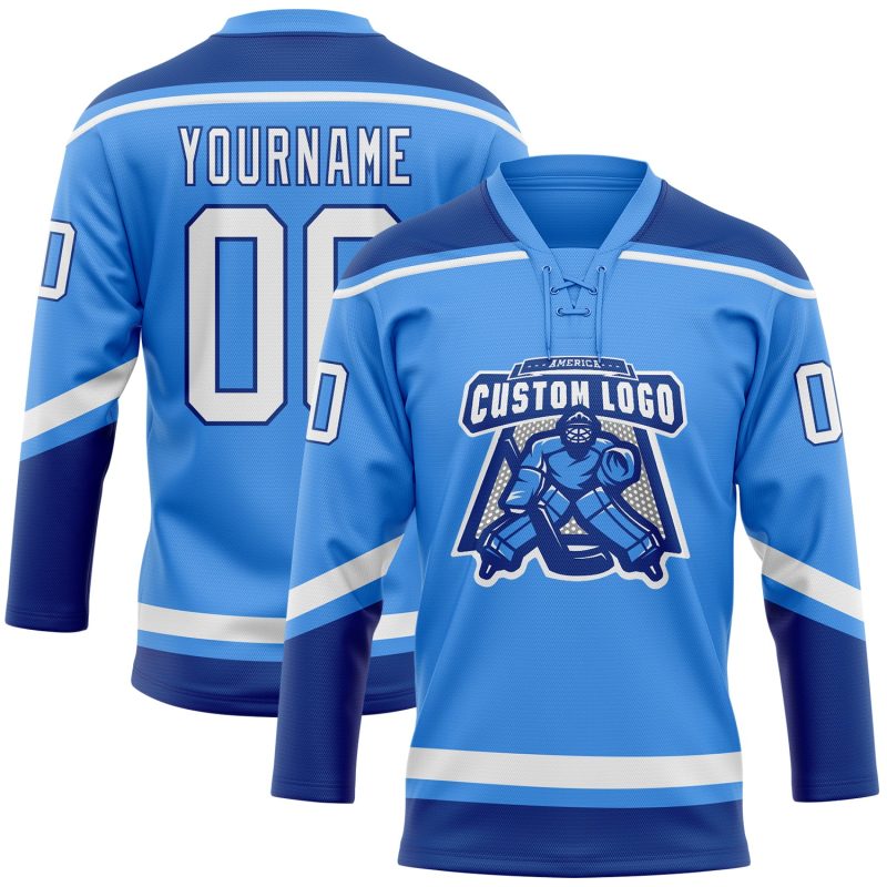 Personalized Electric Blue White-Royal Hockey Jersey with Lace Neck Design Personalized Electric Blue White-Royal Hockey