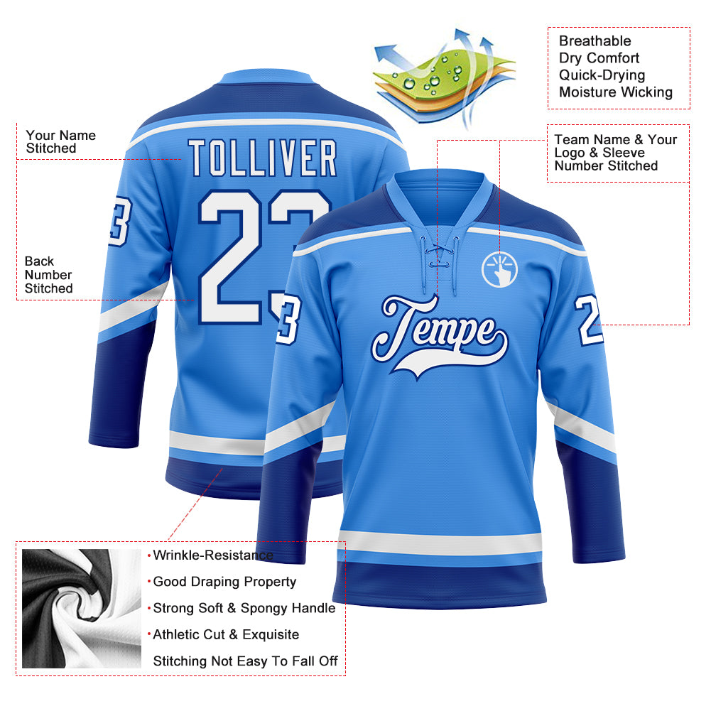 Personalized Electric Blue White-Royal Hockey Jersey with Lace Neck Design Personalized Electric Blue White-Royal Hockey - Image 3