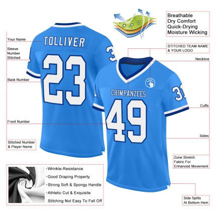 Custom Electric Blue White-Royal Mesh Football Jersey with Name and Number - Authentic Throwback Design Personalized Electric