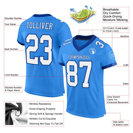 Electric Blue White-Royal Personalized Football Jersey - Custom Mesh Sports Gear Personalized Electric Blue White-Royal Mesh