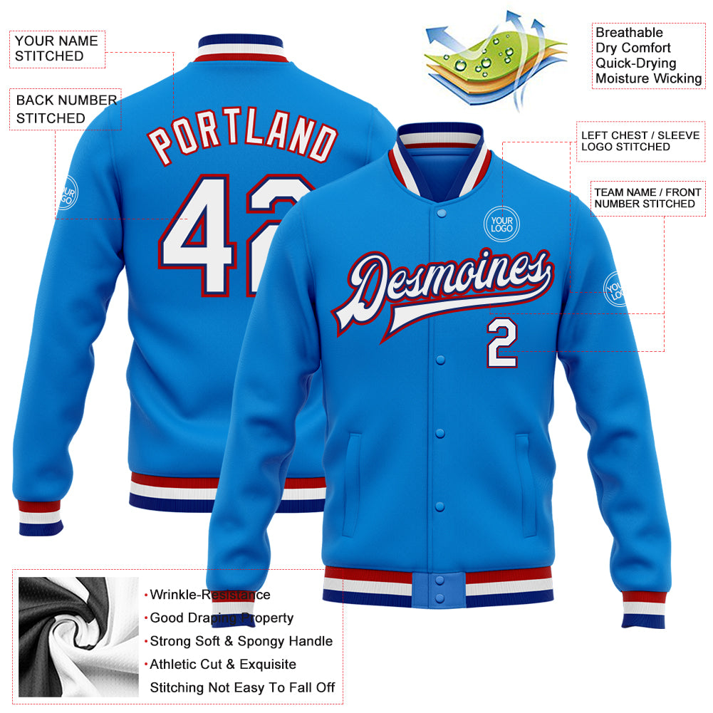 Electric Blue White Royal Red Personalized Varsity Letterman Bomber Jacket Full-Snap Personalized Electric Blue White Royal-Red - Image 5