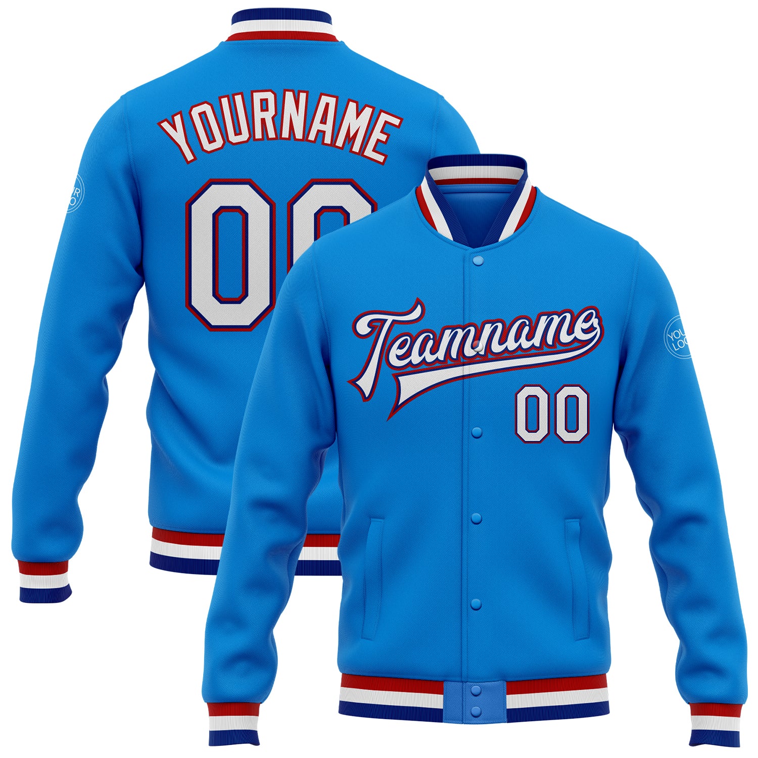 Custom Team Name Number Royal-Red Electric Blue White Bomber Varsity Letterman Jacket Full-Snap Personalized Personalized