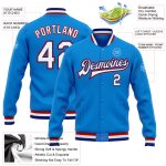 Custom Team Name Number Royal-Red Electric Blue White Bomber Varsity Letterman Jacket Full-Snap Personalized Personalized