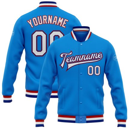 Electric Blue White Royal Red Personalized Varsity Letterman Bomber Jacket Full-Snap Personalized Electric Blue White Royal-Red