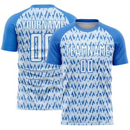 Custom Abstract Geometric Pattern Soccer Jersey - Personalized Electric Blue and White-Silver with Name & Number Personalized