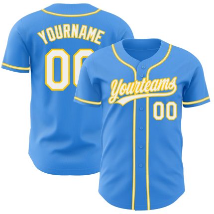 Custom Electric Blue Baseball Jersey with White-Yellow Trim - Personalized Team Name & Number Personalized Electric Blue