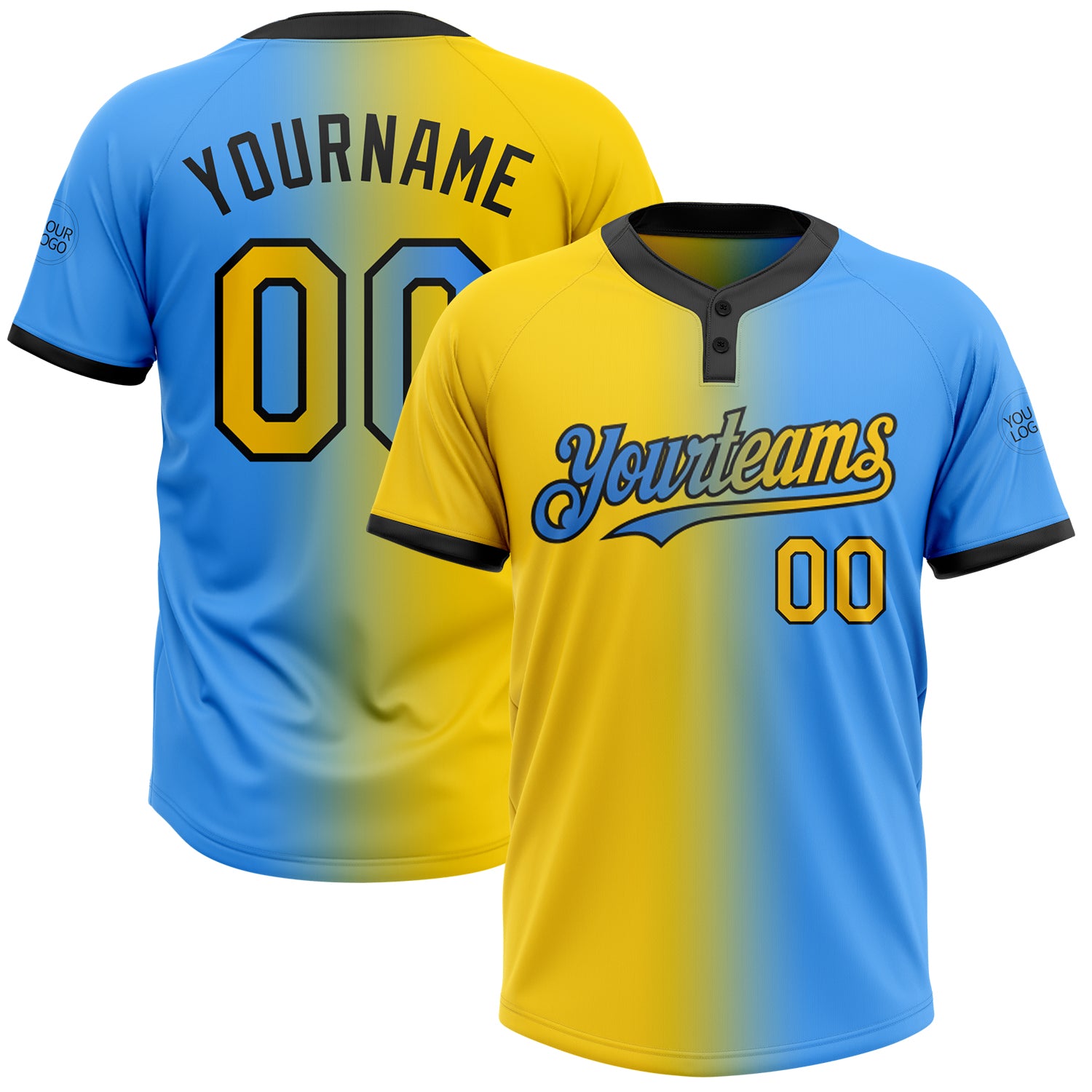 Custom Name Number Unisex Two-Button Softball Jersey - Electric Blue Yellow Black Gradient Fashion Design Personalized Electric