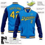 Personalized Electric Blue Yellow Royal Two-Tone Varsity Letterman Bomber Jacket Personalized Electric Blue Yellow-Royal