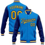 Personalized Electric Blue Yellow Royal Two-Tone Varsity Letterman Bomber Jacket Personalized Electric Blue Yellow-Royal