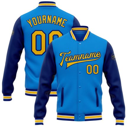 Personalized Electric Blue Yellow Royal Two-Tone Varsity Letterman Bomber Jacket Personalized Electric Blue Yellow-Royal