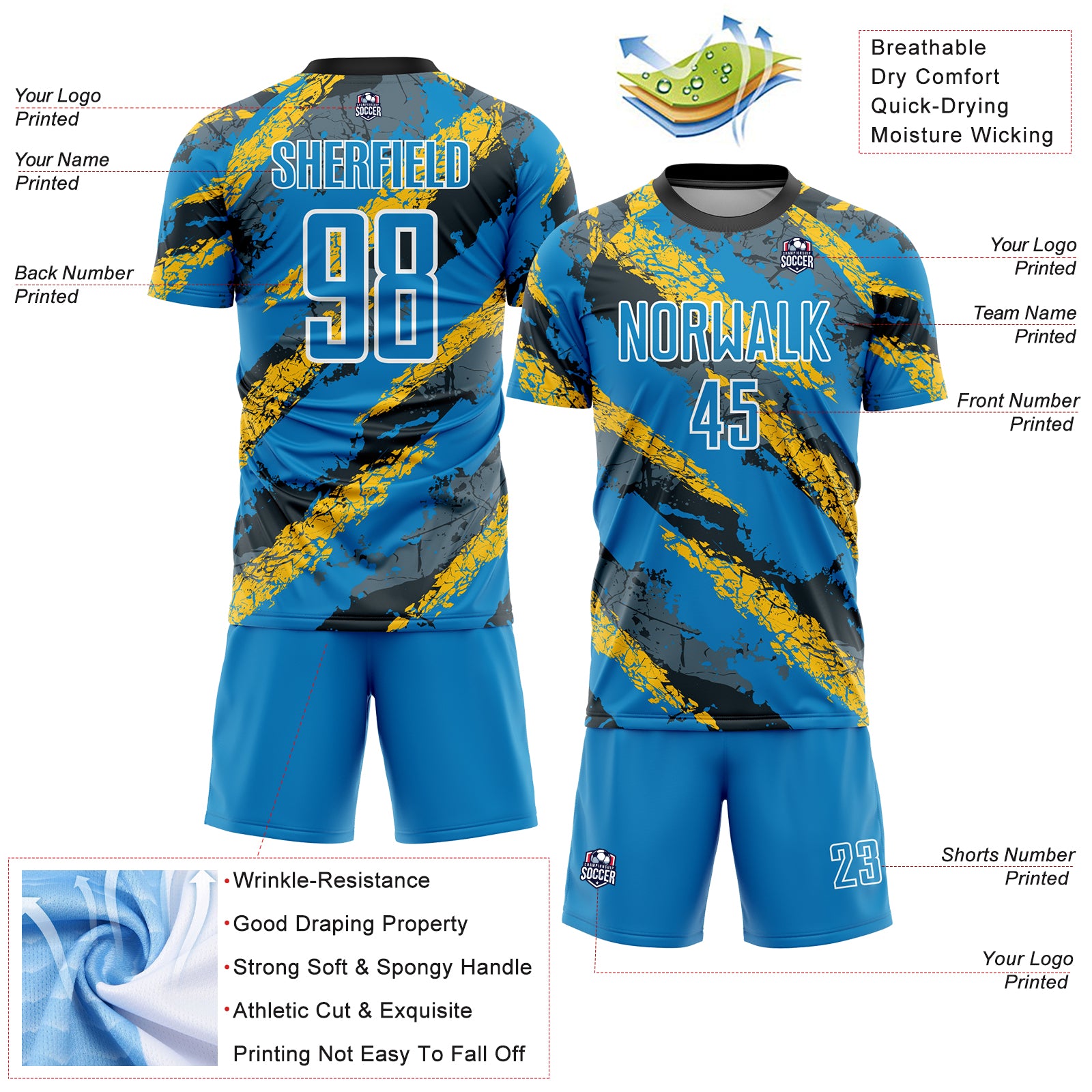 Personalized Electric Blue Yellow White Soccer Jersey Uniform Sublimation Personalized Electric Blue Yellow-White Sublimation - Image 4