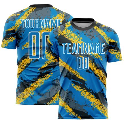 Custom Personalized Soccer Jersey with Name & Number, Electric Blue Yellow-White Sublimation Team Uniform Personalized Electric