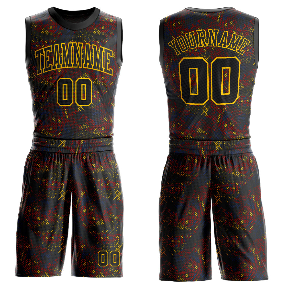 Personalized Black Gold Basketball Jersey Suit - Round Neck Sublimation Design Personalized Figure Black-Gold Round Neck
