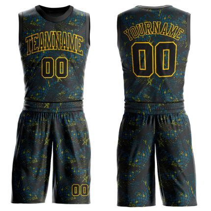Personalized Basketball Jersey Black Gold Round Neck Sublimation Suit Personalized Figure Black-Gold Round Neck Sublimation