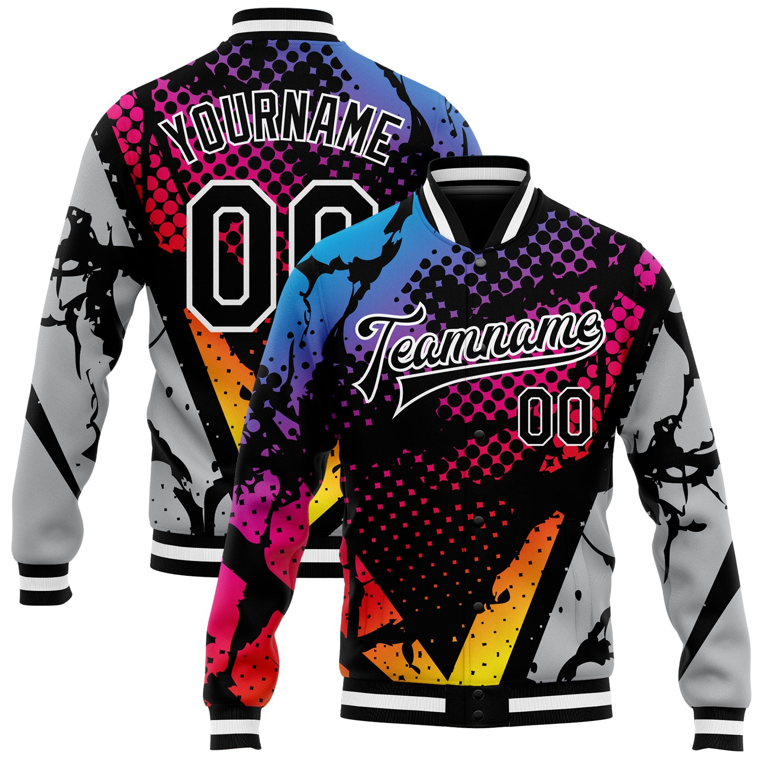 Custom Name and Number Personalized Black-Gray 3D Pattern Varsity Jacket Full-Snap Bomber Letterman Personalized Figure Black-Gray